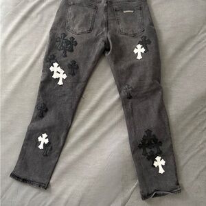Chrome Hearts Gray Slim Straight Jeans with Black and White Crosses